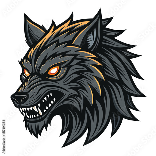Create a detailed illustration of a werewolf's head, isolated on a pure white background, featuring intensely glowing yellow eyes.  Focus on fur texture and sharp teeth.
