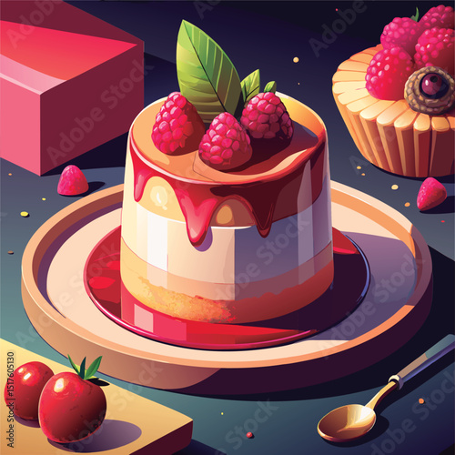 Vector illustration of a Delicious layered raspberry dessert.