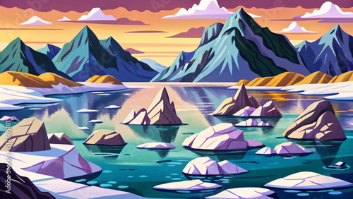 Majestic arctic landscape vector with water, snowy iced mountains and rocks. North pole problems, melted ices cartoon illustration