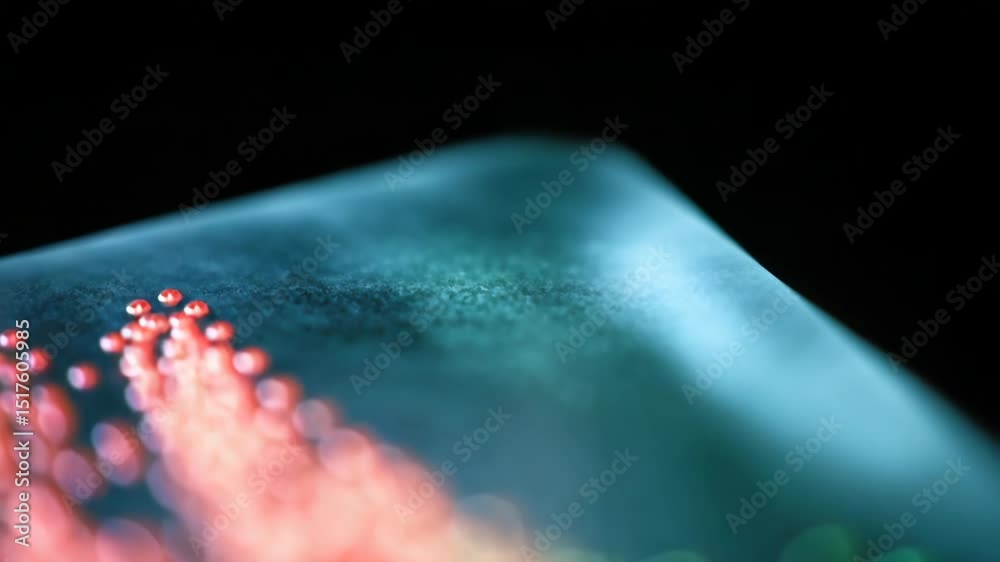 Transparent liquid droplets descending onto colorful microparticles spread across glass surface, generating intricate visual patterns through dynamic fluid interactions and light refractions