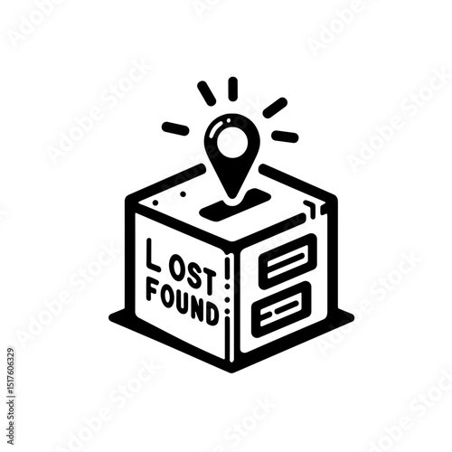 Lost and found box with location pin illustration in monochrome  