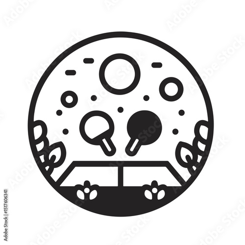 Ping pong table with paddles and plants in minimalist style  