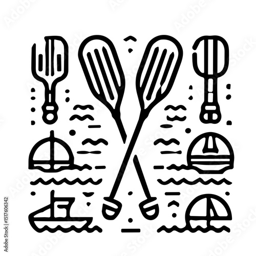 Line art illustration of paddles, boats, and waves in black and white  
