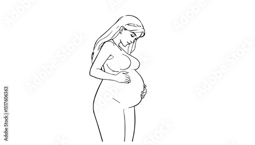 Pregnant woman gently holding her belly while standing quietly  
