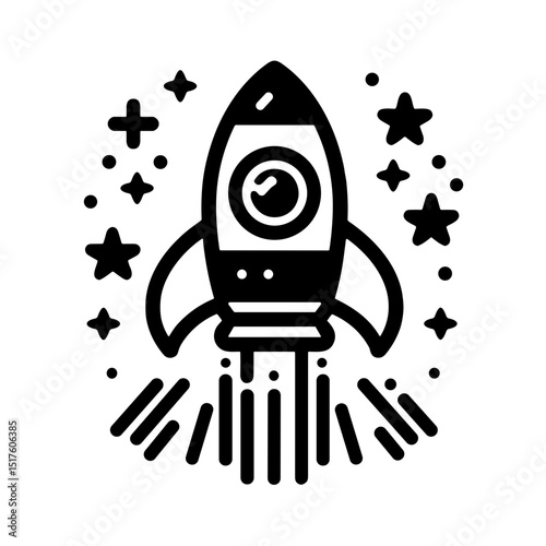 Rocket launching with stars and sparks in a minimalist style  