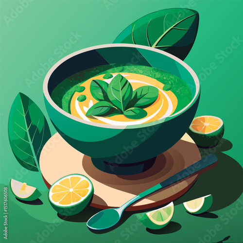 Fresh green soup with herbs and lemon.