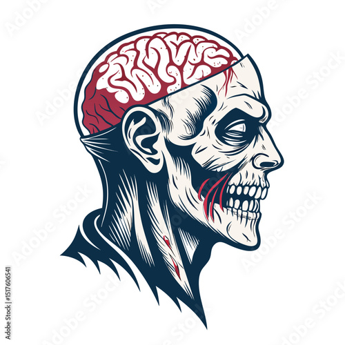 Create a detailed digital painting of a decaying zombie head, showcasing exposed brain matter, isolated on a pure white background.  High resolution, realistic detail.
