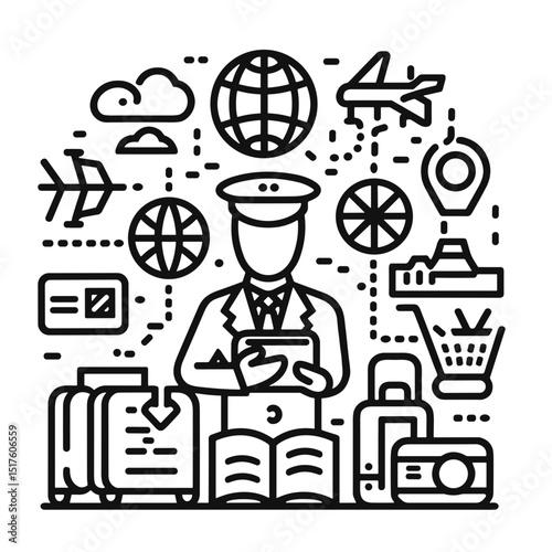 Travel agent reviewing documents with travel icons in background  