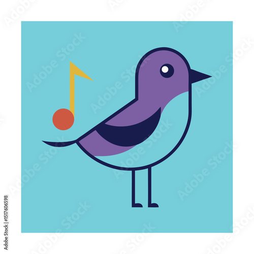 Songbird Icon with Music Note in Flat Vector Art