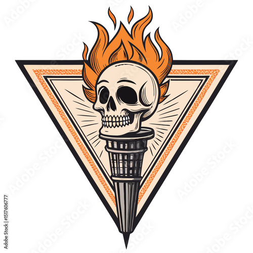 Vintage illustration of a flaming skull within a triangle, clutched by a skeletal hand holding a torch.  Dark, gothic style.