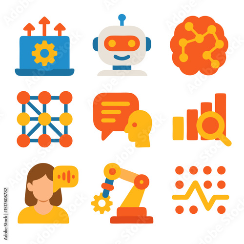 Nine colorful icons representing artificial intelligence. Suitable for technology websites, presentations, and marketing materials related to AI and machine learning.