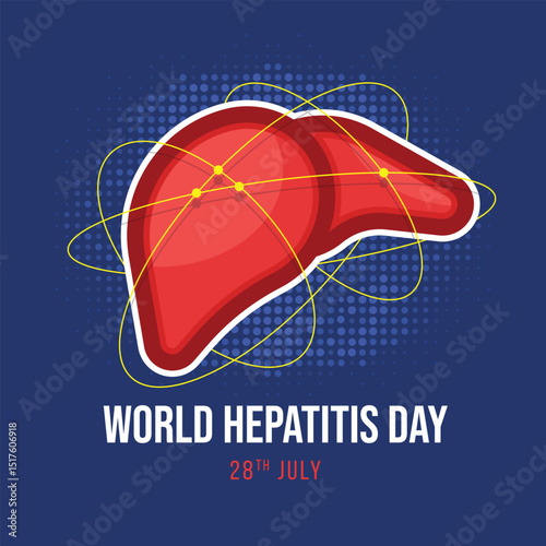 World Hepatitis Day - Red Liver with yellow line link connect roll around on blue dot texture background vector design