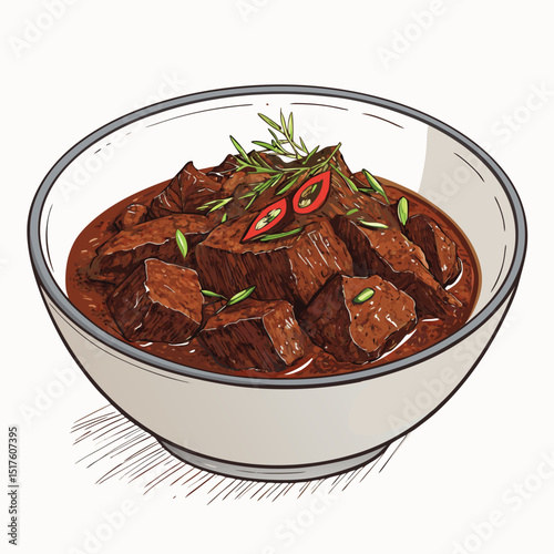 Close-up shot of rich, dark Beef Rendang, a traditional Malaysian curry, isolated on a pure white background, showcasing its texture and appetizing appearance.