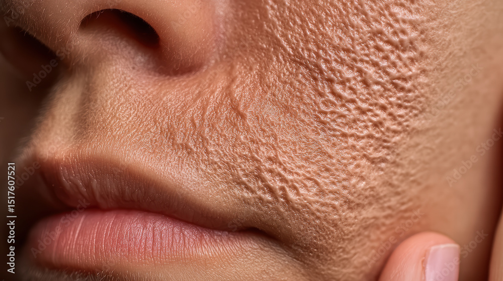Obraz premium Macro close-up of burned facial skin showing texture damage and scarring