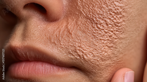 Macro close-up of burned facial skin showing texture damage and scarring
