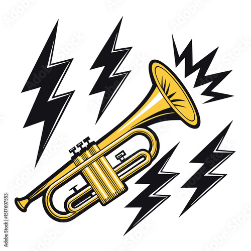 Design a retro emblem featuring a trumpet blasting thunderbolts; vibrant, bold colors; vintage style;  suitable for a heavy metal band logo.