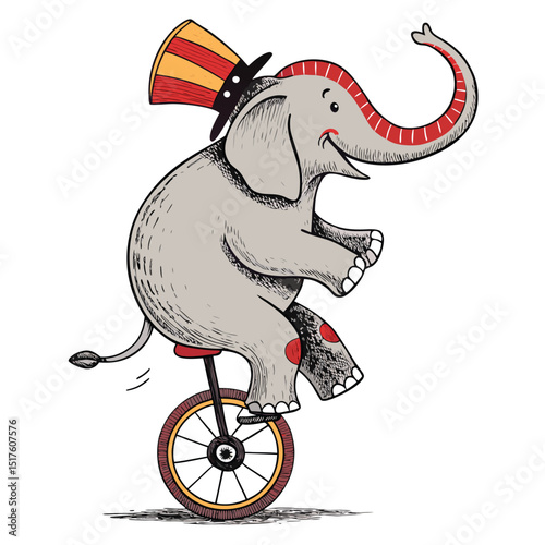 A jovial, cartoon elephant with oversized ears, wearing a tiny top hat, skillfully balances atop a bright red unicycle.