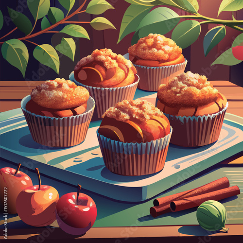 Delicious autumn apple muffins on a tray.