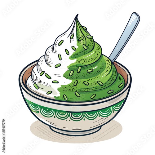 Close-up studio shot of a bowl of Cendol, a popular Malaysian dessert, isolated on a pure white background.  Show the vibrant green noodles and coconut milk.