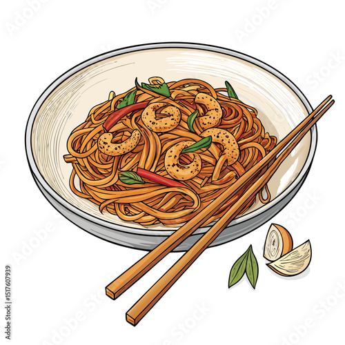 Close-up studio shot of Char Kway Teow, a popular Malaysian stir-fried noodle dish, isolated on a white background.  Show the texture and ingredients clearly.