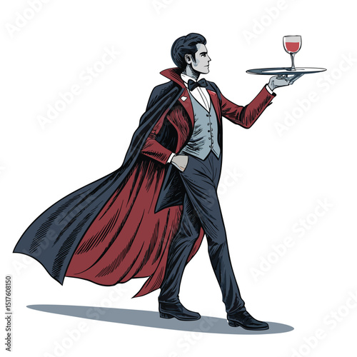 A dashing vampire butler, impeccably dressed, presents a silver tray bearing a glass of glowing crimson wine.  Dark, gothic setting.