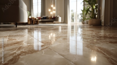 Wallpaper Mural Polished beige marble-look floor tiles in a spacious, modern living room Torontodigital.ca