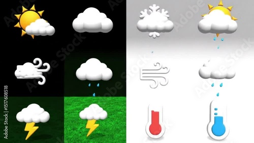 Cartoon-style weather forecast icons in vertical panels showing sun, rain, wind, and lightning