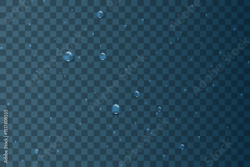 Realistic water drops. Drops after rain. Condensation on the surface, on the glass. Rain and dew. Vector.