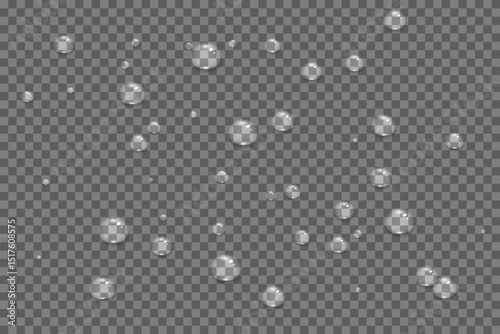 Realistic water drops. Drops after rain. Condensation on the surface, on the glass. Rain and dew. Vector.
