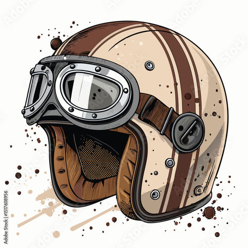 A meticulously detailed image of a vintage Grand Prix racing helmet, heavily splattered with oil, featuring goggles and showing signs of wear and tear.