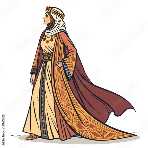 Create a digital painting of a regal Arabian princess in desert attire, isolated on a white background.  Focus on intricate details of her clothing and jewelry.