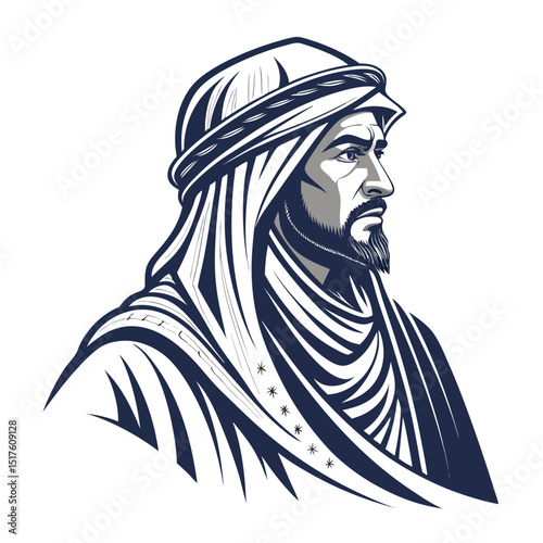 Create a detailed illustration of a mystical Arabian character, cloaked and veiled, set against a stark white background.  The character should evoke a sense of desert wisdom and serenity.