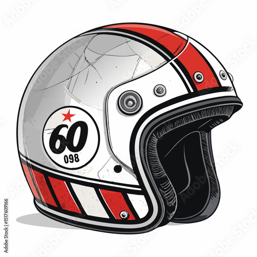 A weathered vintage motorcycle helmet with a cracked visor and a single, noticeable scratch.  Focus on texture and detail.