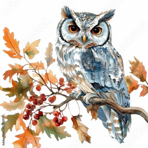 Owl Clip Art. Hand-drawn Watercolor Owl on Oak Branch in Autumn Forest Setting