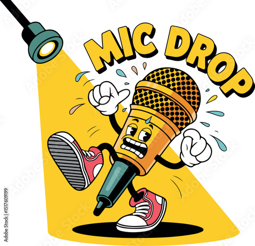Cartoon Microphone Character with Mic Drop Text and Spotlight Effect