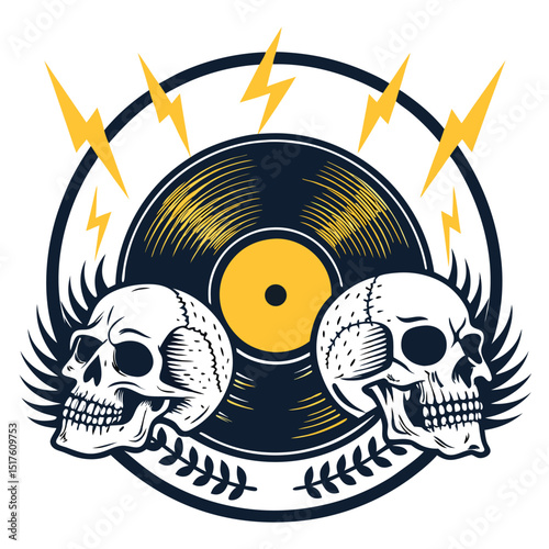 Design a badge featuring a vinyl record morphing seamlessly into a collection of skulls.  Emphasize a dark, gothic aesthetic.