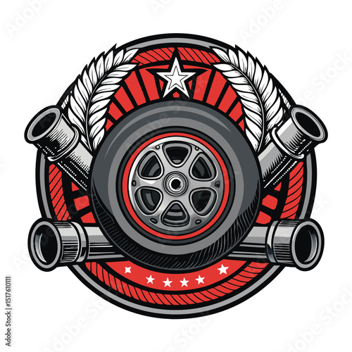 A close-up shot of a spinning wheel encircled by numerous exhaust pipes and a prominent turbocharger, showcasing intricate mechanical details.