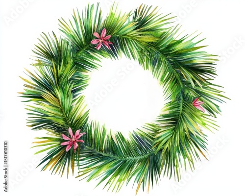 Palm Wreath Illustration. Watercolor Wedding Floral Chaplet on White Background