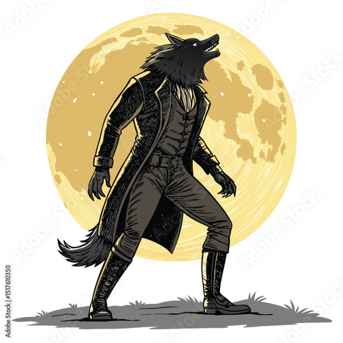 A terrifying werewolf, its fur matted and claws bared, wears ragged Victorian clothing under a full moon.  The scene is dark and atmospheric.