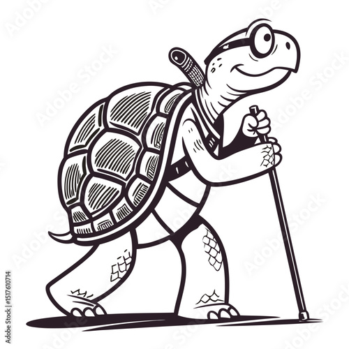 A whimsical illustration of a cartoon turtle whistling merrily while walking with a cane, isolated on a white background.