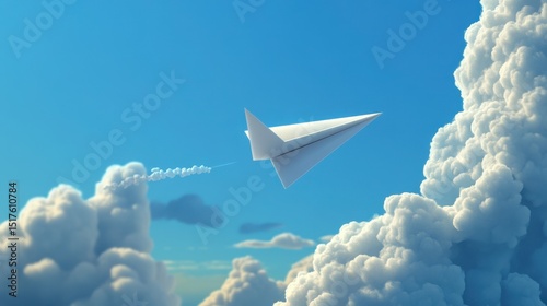 Paper Plane Cartoon. Flying Paper Plane Illustration in Cloudy Sky