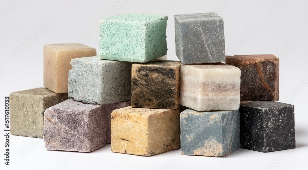 A collection of small, colorful stone cubes, varying in shades and patterns, are stacked loosely against a plain white background. The cubes show natural stone variations A collection of small, colorful stone cubes, varying in shades and patterns, are stacked loosely against a plain white background. The cubes show natural stone variations
