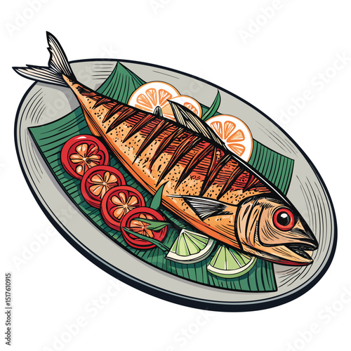 Create a studio shot of delicious Malaysian Ikan Bakar, grilled fish, isolated on a pure white background.  Show its vibrant colors and appetizing texture.