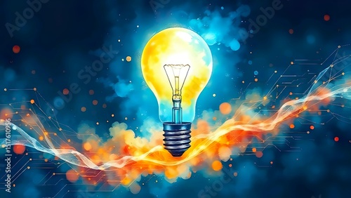 Vibrant Light Bulb with Blue and Orange Flames on Dark Background
