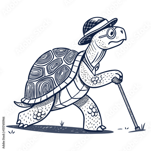 A whimsical illustration of a whistling turtle, elegantly walking with a cane, isolated on a white background.