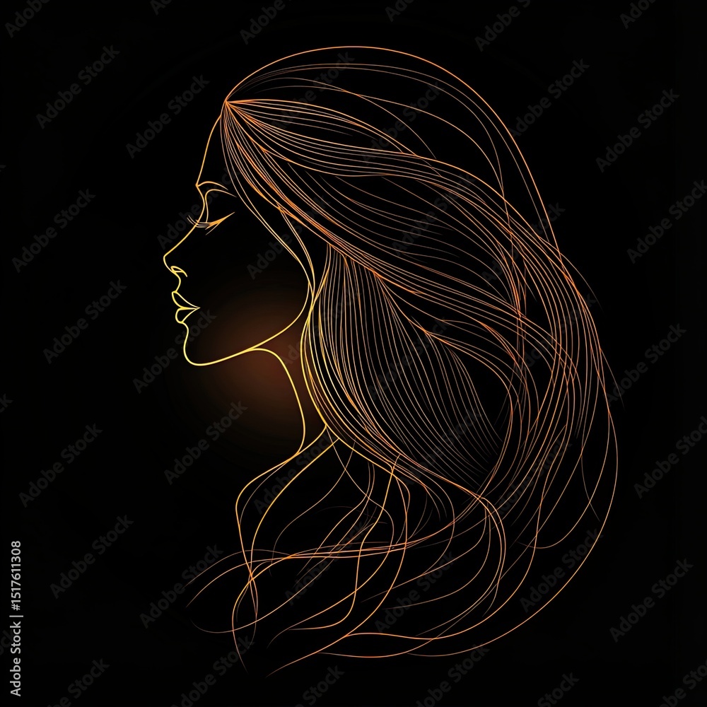 Naklejka premium Silhouette of a woman's head with long hair, vector graphic design on a black background