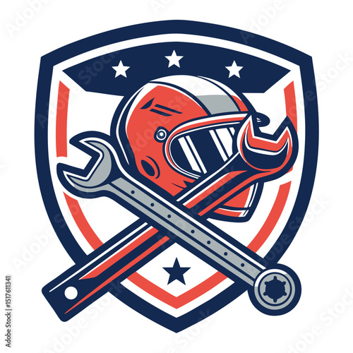 Create a vector graphic of a wrench and racing helmet crossed within the MotoGP logo's circular design, emphasizing motorsport engineering.