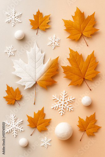 Winter Flatlay with White Marble Spheres and Snowflakes on Cool Pastel Background – Minimal Frosty Scene for Seasonal Design