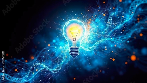 Sparkling Light Bulb Surrounded by Blue Energy Waves and Digital Patterns