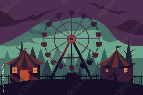 Spooky haunted house vector illustration at night with a scary moon and silhouetted trees
